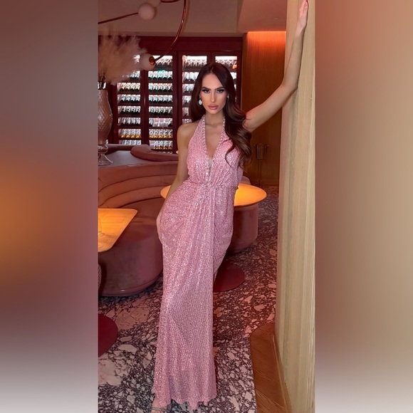 Pink Sequin Ruched Halter Gown - Picture 3 of 10